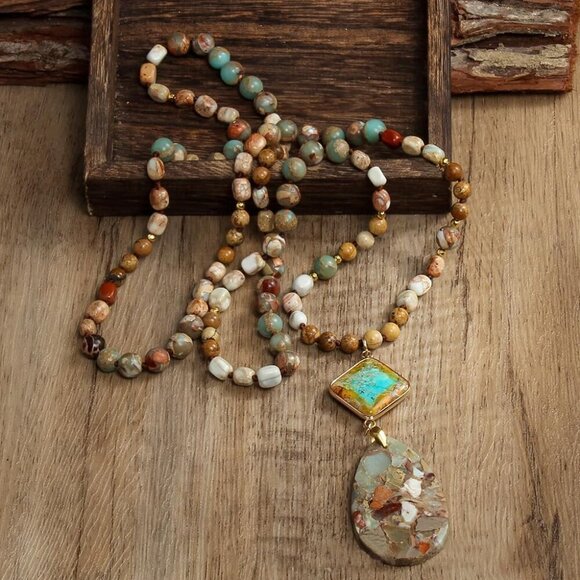 Boho Necklaces for Women Men Long,33/34/35 Inch Natural Jasper Agate Tiger Eye B - Picture 3 of 5